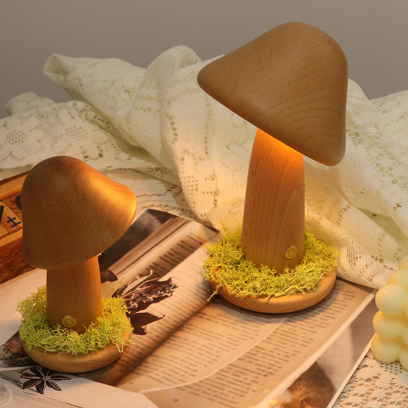 Modern Art Deco Mushroom Round Beech Wood LED Table Lamp For Bedroom