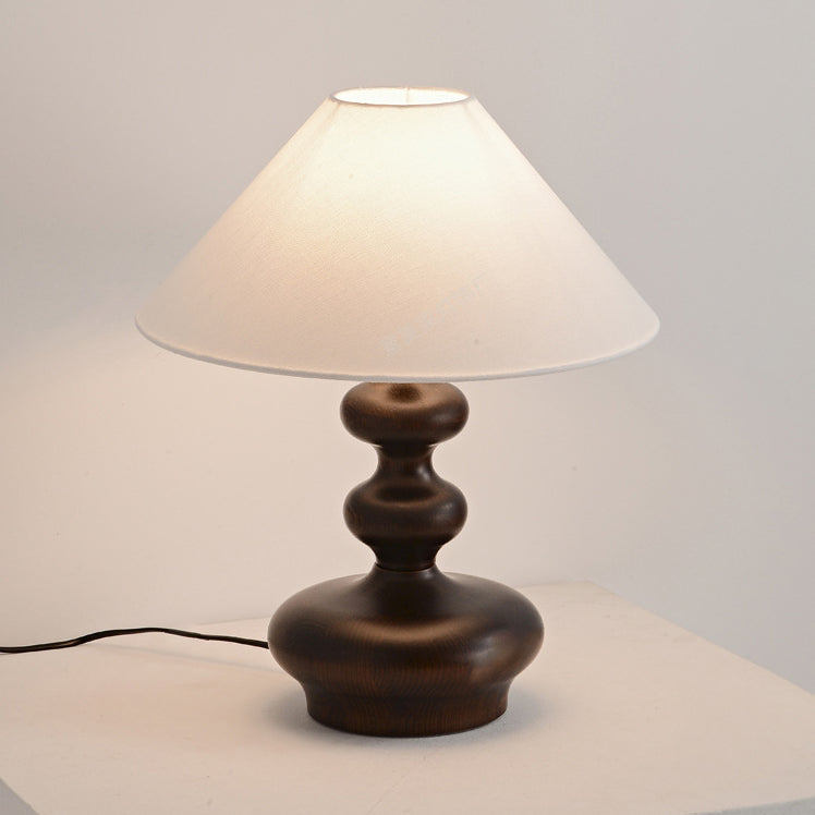 Contemporary Retro Ash Wood Linen Trapezoid Round 1-Light Table Lamp For Bedroom
