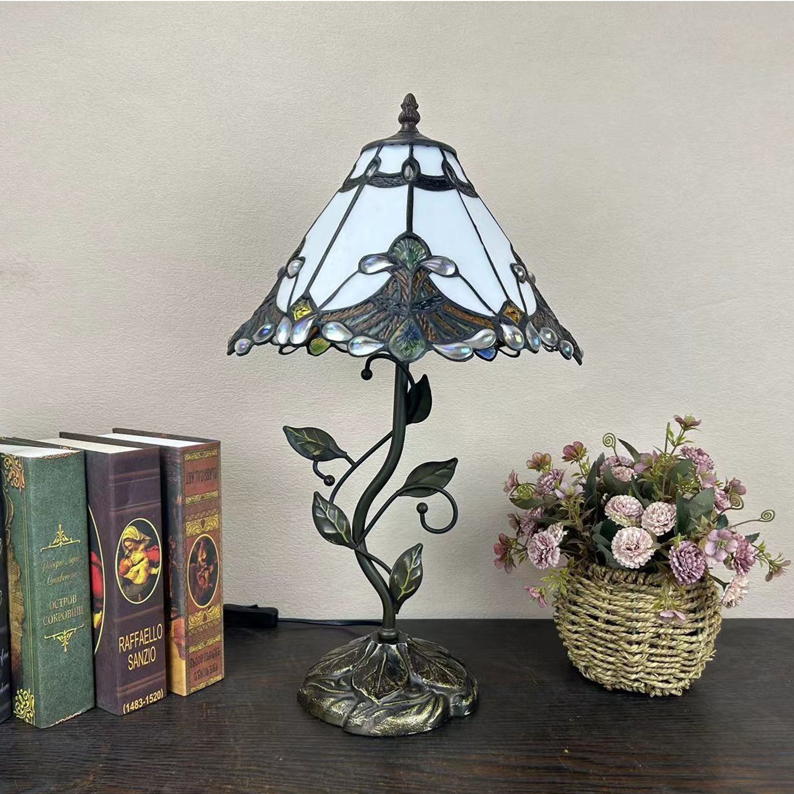 Traditional Tiffany Resin Glass Dome Conic Flower Leaf 1-Light Table Lamp For Bedside