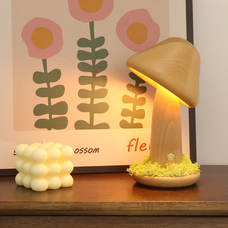 Modern Art Deco Mushroom Round Beech Wood LED Table Lamp For Bedroom