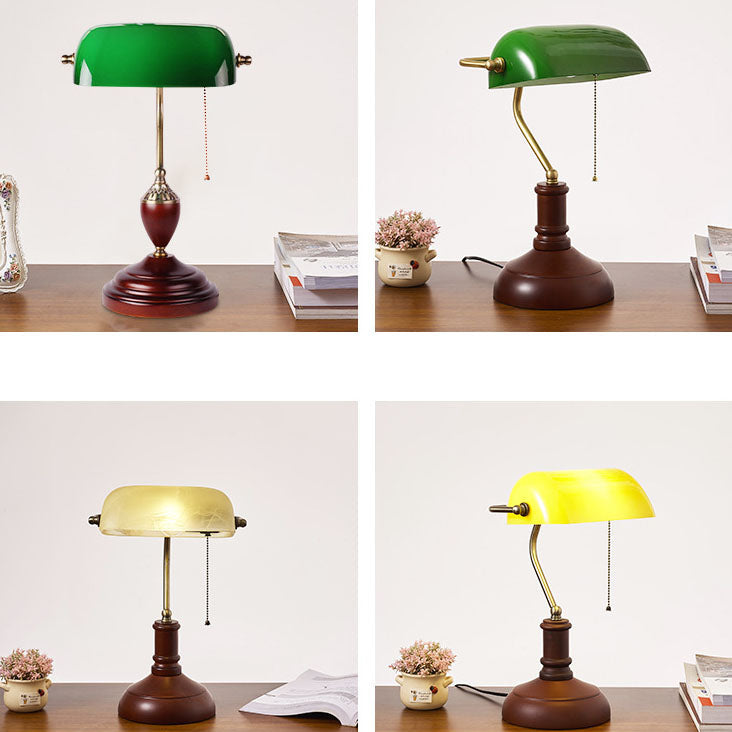 Vintage Wood & Glass Bank Table Lamp