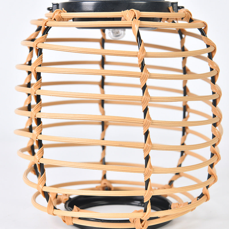 Solar Outdoor Rattan Weaving Cylinder Waterproof LED Garden Table Lamp