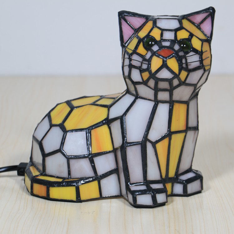 Traditional Tiffany Stained Glass Cat 1-Light Table Lamp For Bedroom
