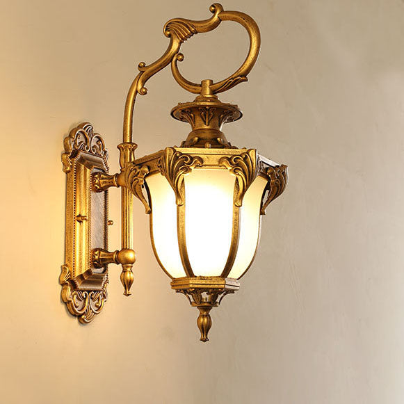 European Retro Aluminum Glass Carved Lantern 1-Light Outdoor Waterproof Wall Sconce Lamp