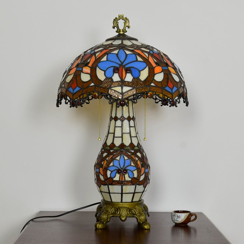 Traditional Vintage Floral Peach Heart Design Stained Glass 3-Light Table Lamp For Living Room