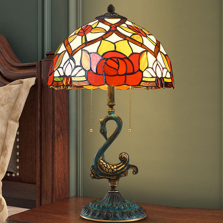 Traditional European Stained Glass Swan Base Copper 2-Light Table Lamp for Bedroom Home Office