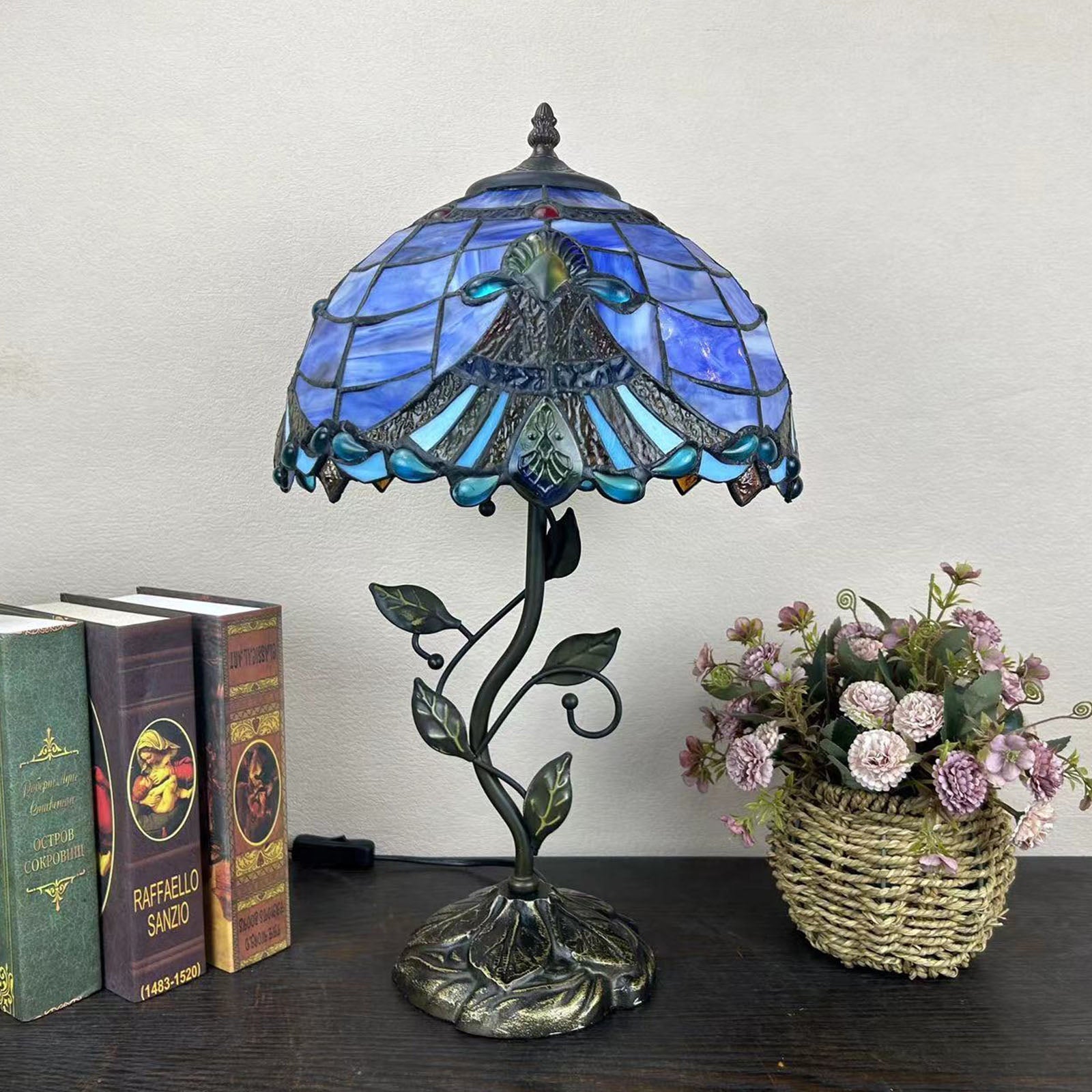 Traditional Tiffany Resin Glass Dome Conic Flower Leaf 1-Light Table Lamp For Bedside