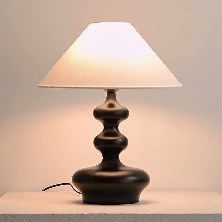 Contemporary Retro Ash Wood Linen Trapezoid Round 1-Light Table Lamp For Bedroom