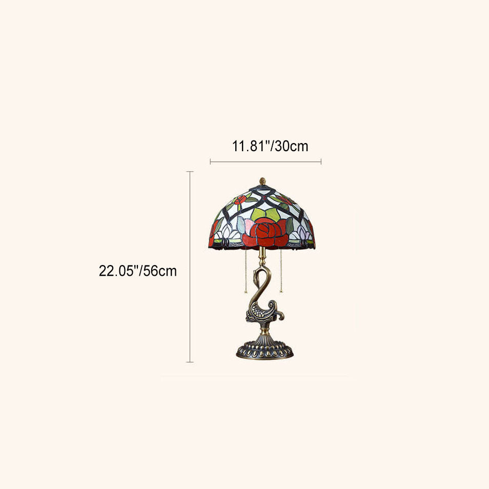 Traditional European Stained Glass Swan Base Copper 2-Light Table Lamp for Bedroom Home Office