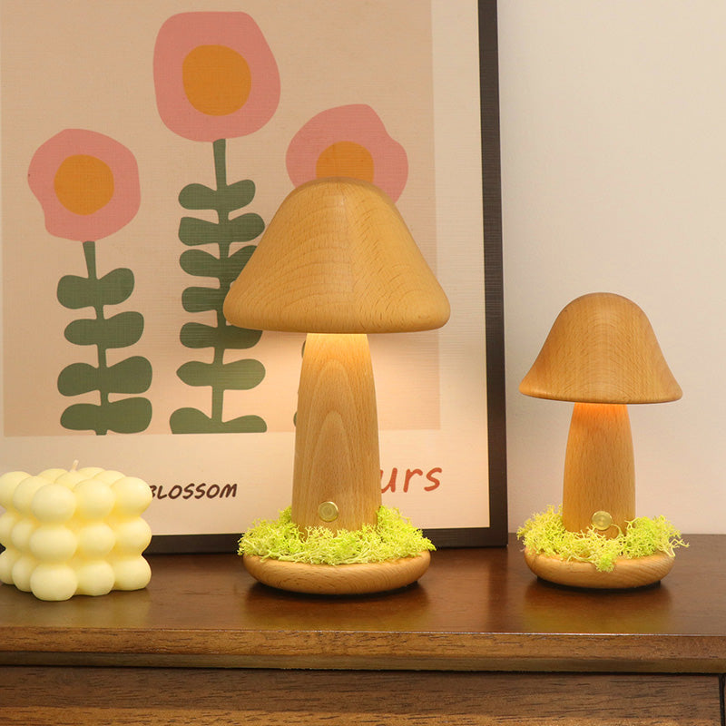 Modern Art Deco Mushroom Round Beech Wood LED Table Lamp For Bedroom