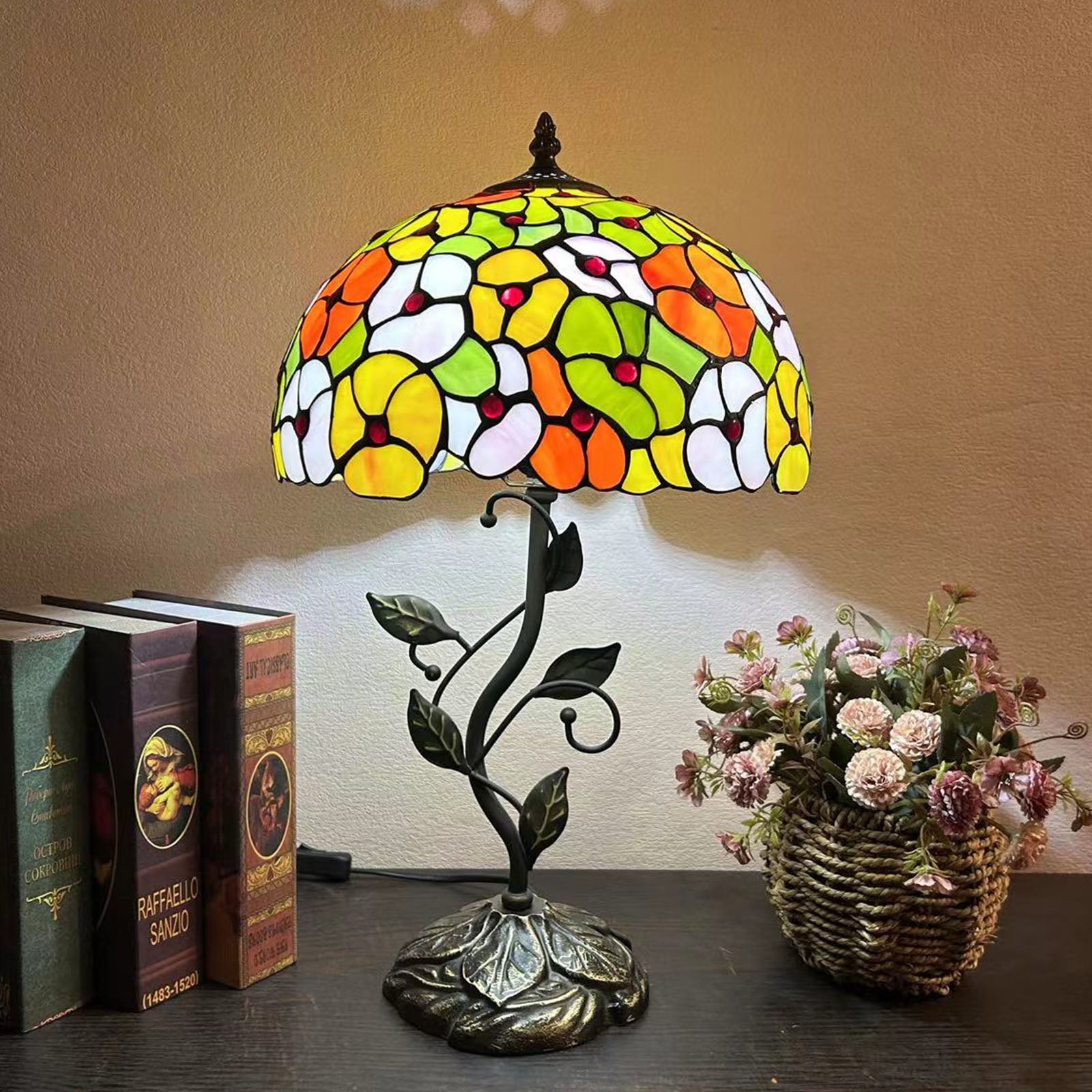 Traditional Tiffany Resin Glass Dome Conic Flower Leaf 1-Light Table Lamp For Bedside