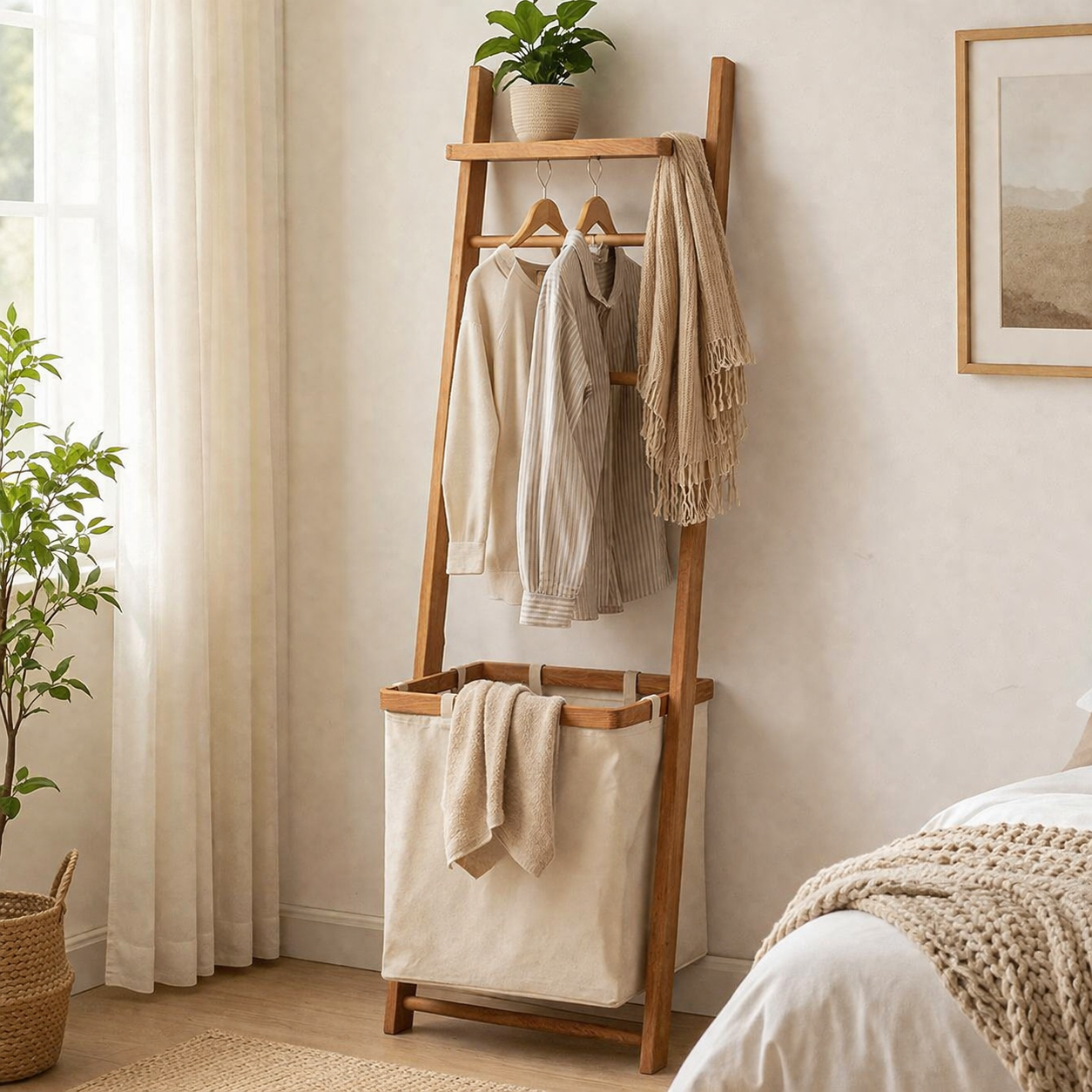 Wood Garment Rack Hall Tree With Basket