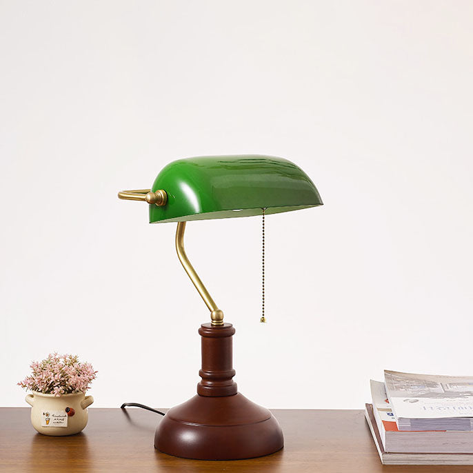 Vintage Wood & Glass Bank Table Lamp