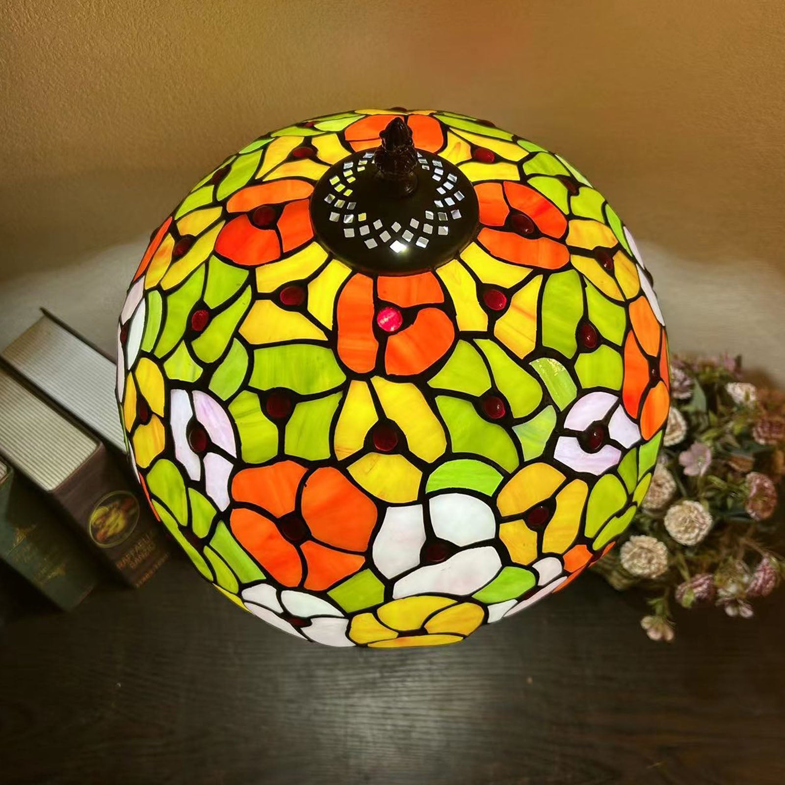 Traditional Tiffany Resin Glass Dome Conic Flower Leaf 1-Light Table Lamp For Bedside