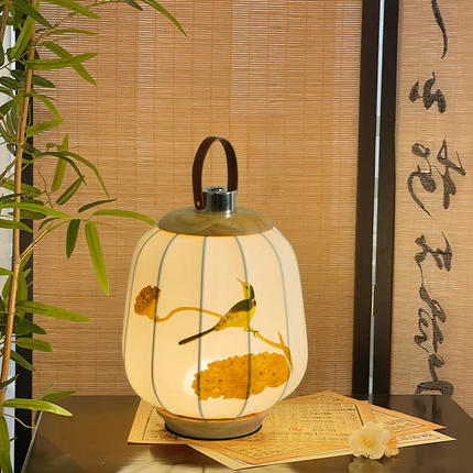 Traditional Chinese Fabric Lantern Shade Wood USB LED Table Lamp For Living Room