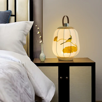 Traditional Chinese Fabric Lantern Shade Wood USB LED Table Lamp For Living Room