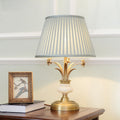 Modern Minimalist Round Trapezoidal Flower Leaf Base Brass Jade Fabric 1-Light Table Lamp For Bedroom