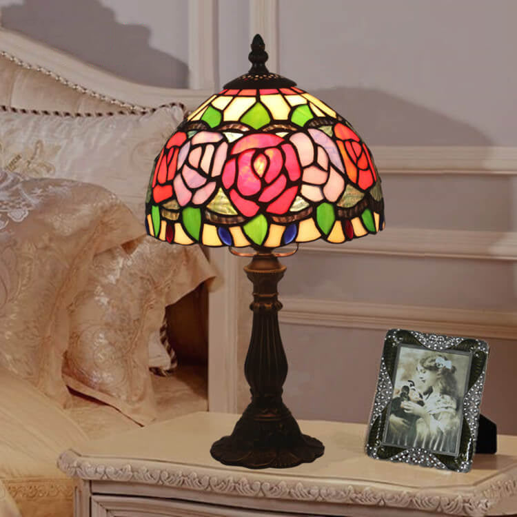 Retro Tiffany Flowering Rose Stained Glass 1-Light Table Lamp