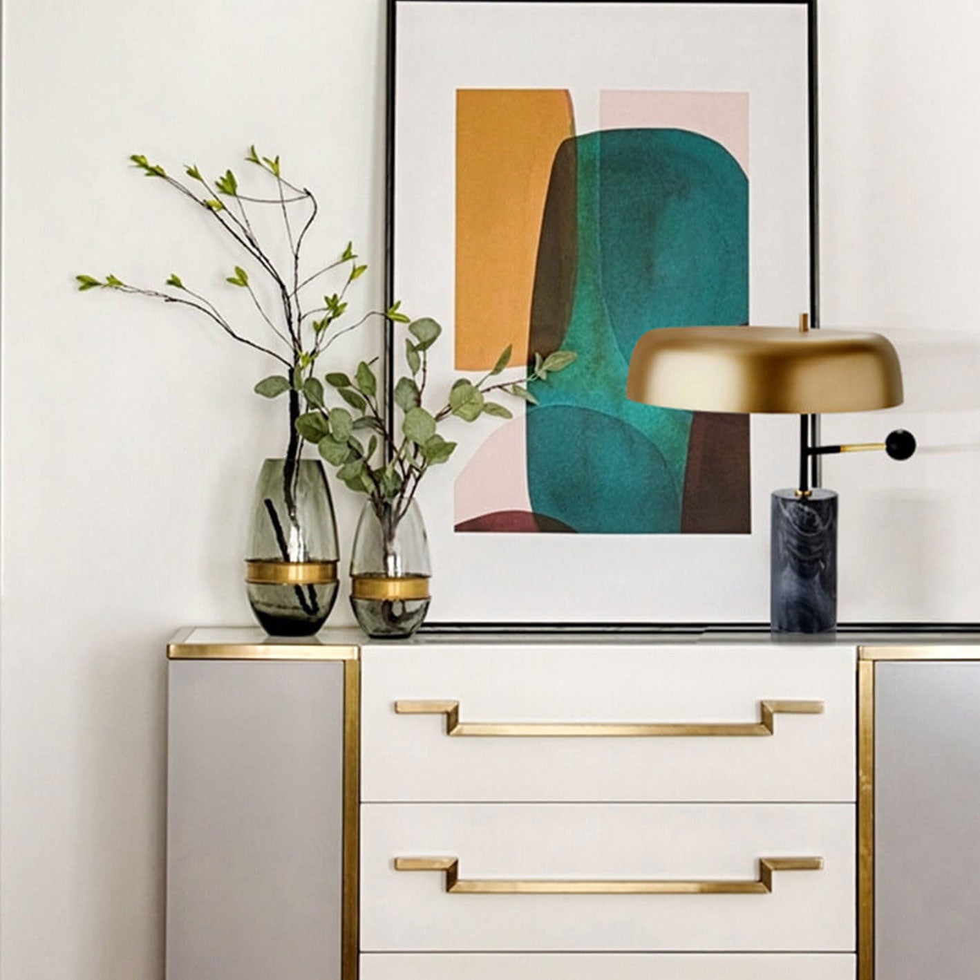 Modern Light Luxury Gold Shade Marble Column Base 1-Light Table Lamp