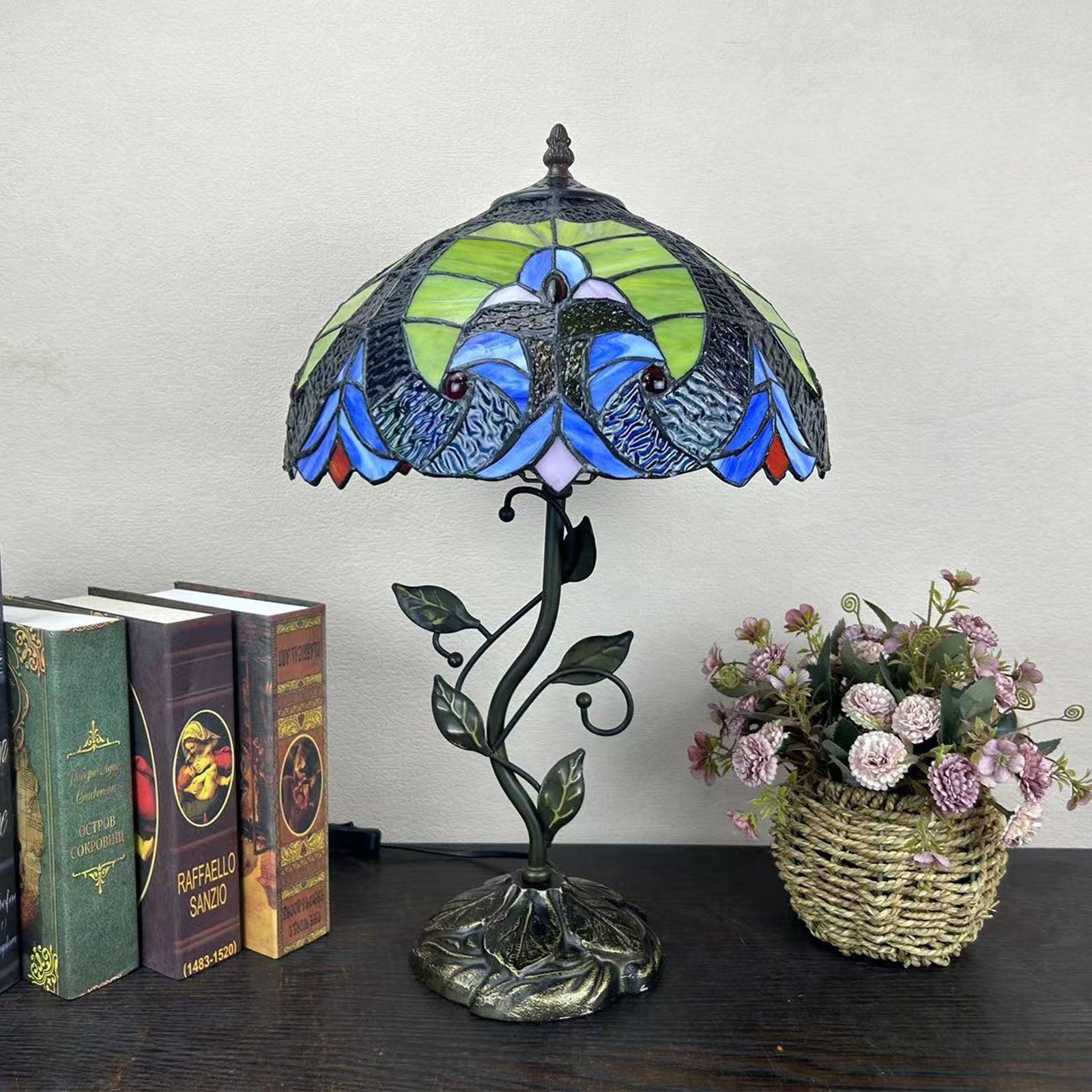 Traditional Tiffany Resin Glass Dome Conic Flower Leaf 1-Light Table Lamp For Bedside