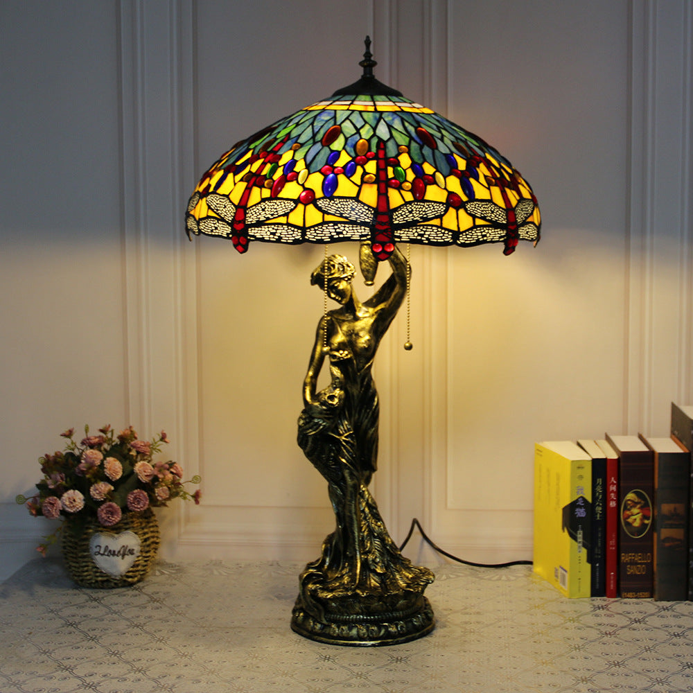 Vintage Tiffany Stained Glass Beauty Resin Base 2-Light Table Lamp