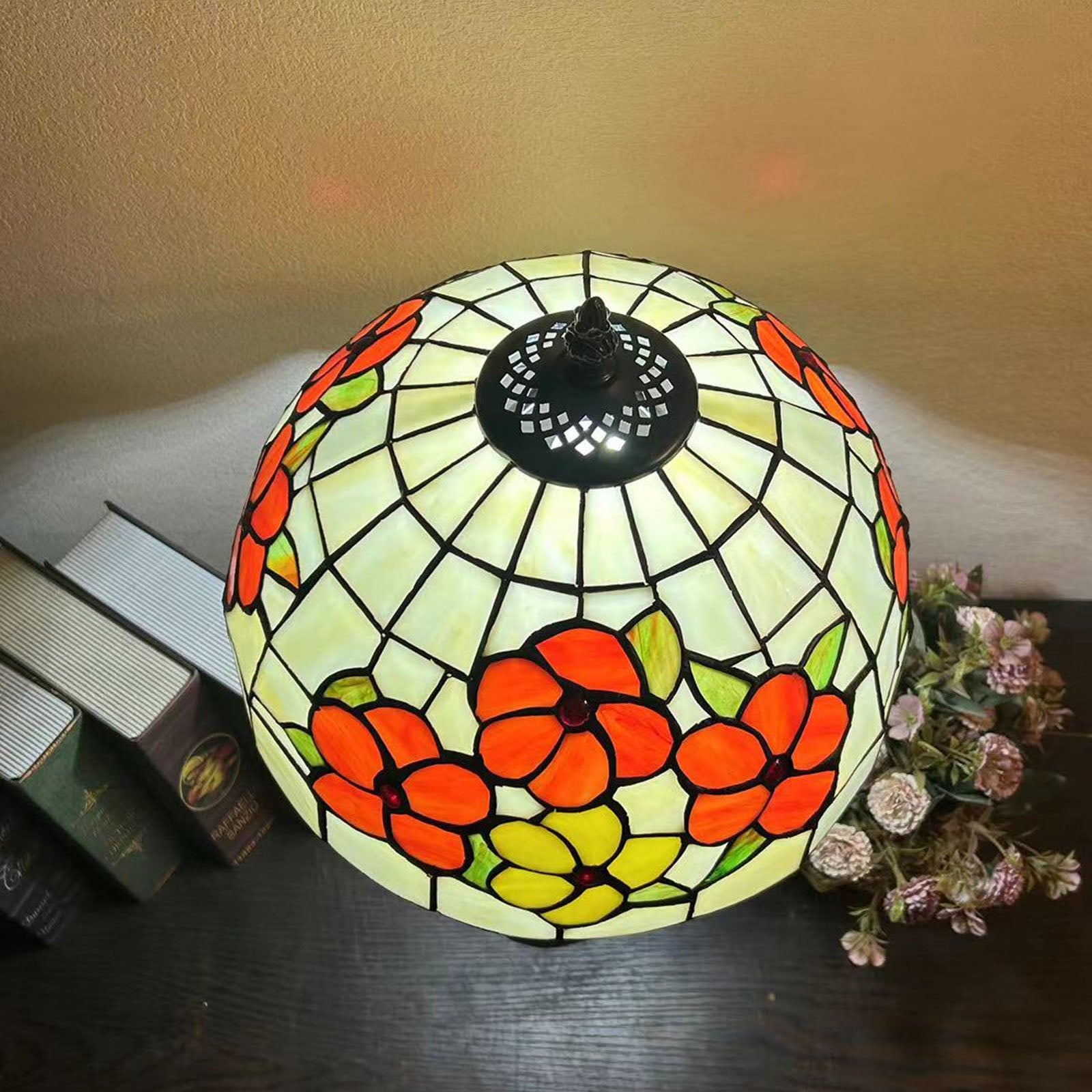 Traditional Tiffany Resin Glass Dome Conic Flower Leaf 1-Light Table Lamp For Bedside