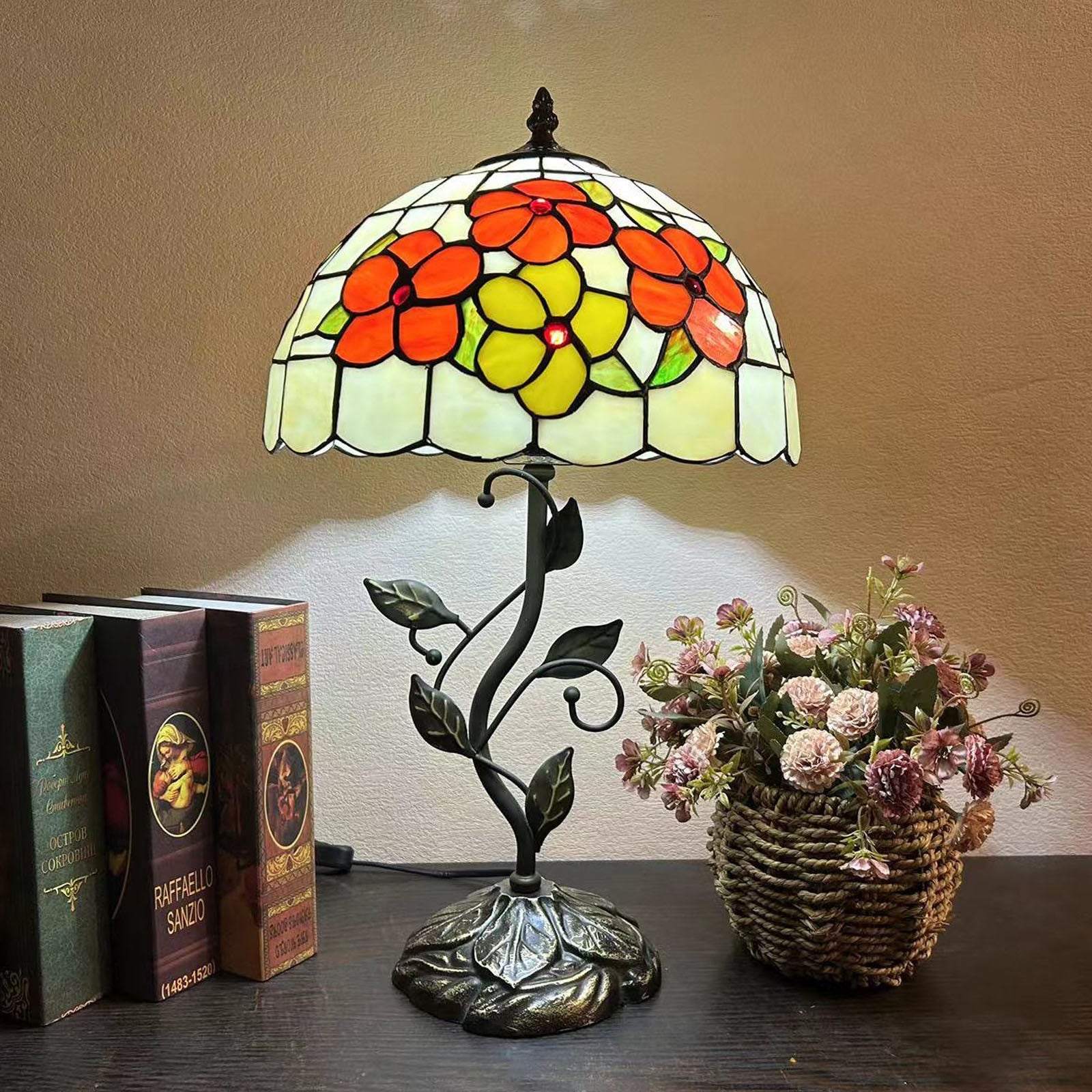 Traditional Tiffany Resin Glass Dome Conic Flower Leaf 1-Light Table Lamp For Bedside