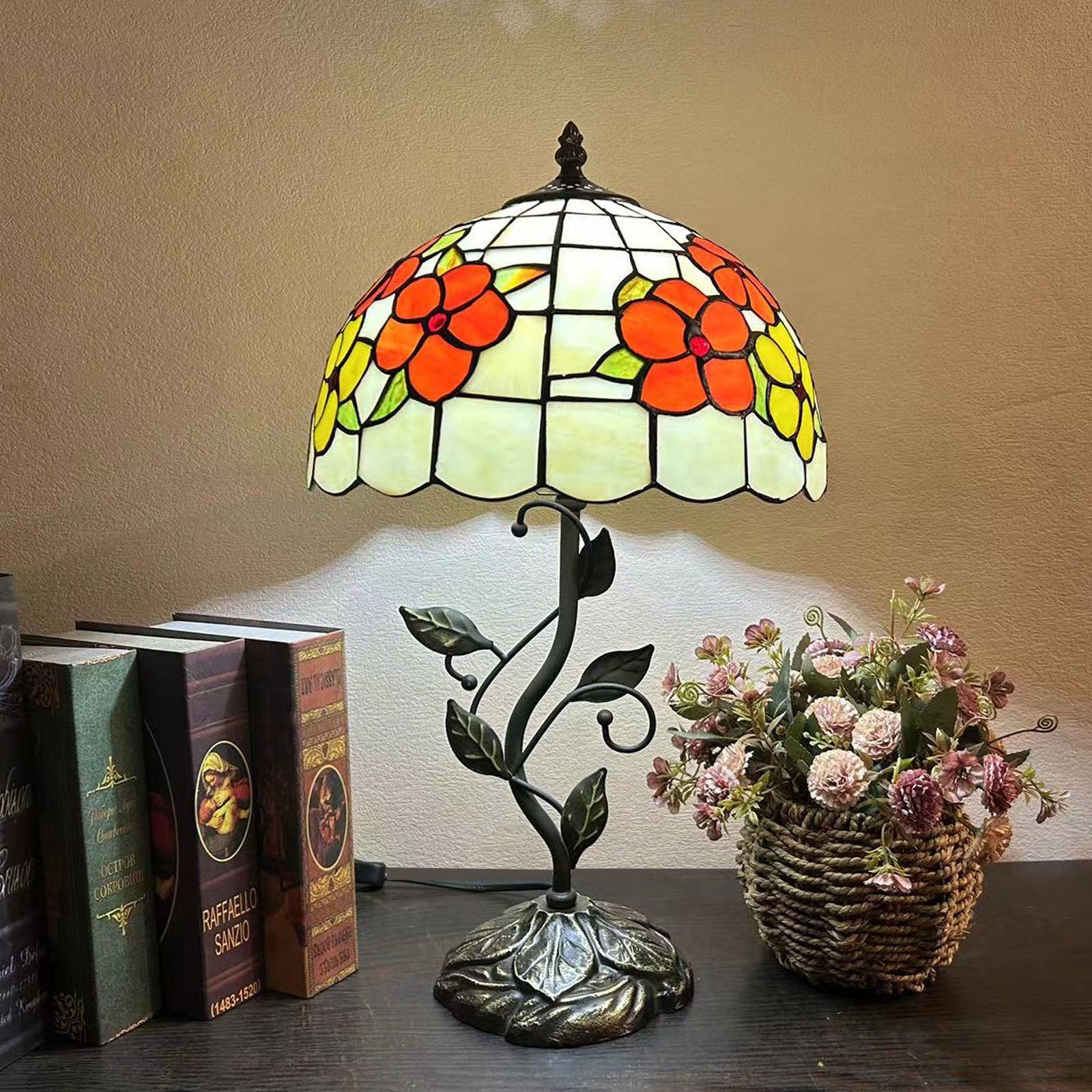Traditional Tiffany Resin Glass Dome Conic Flower Leaf 1-Light Table Lamp For Bedside
