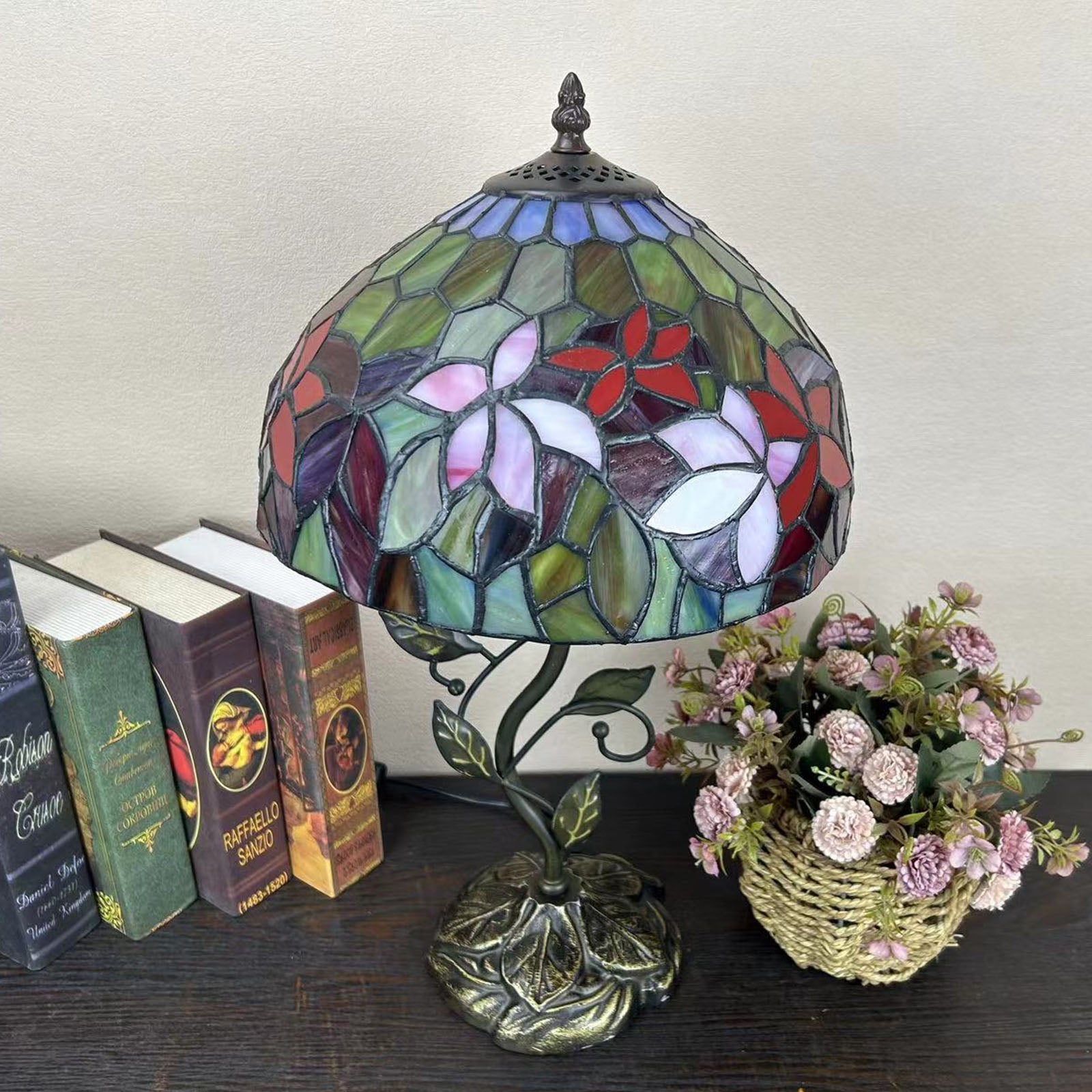 Traditional Tiffany Resin Glass Dome Conic Flower Leaf 1-Light Table Lamp For Bedside