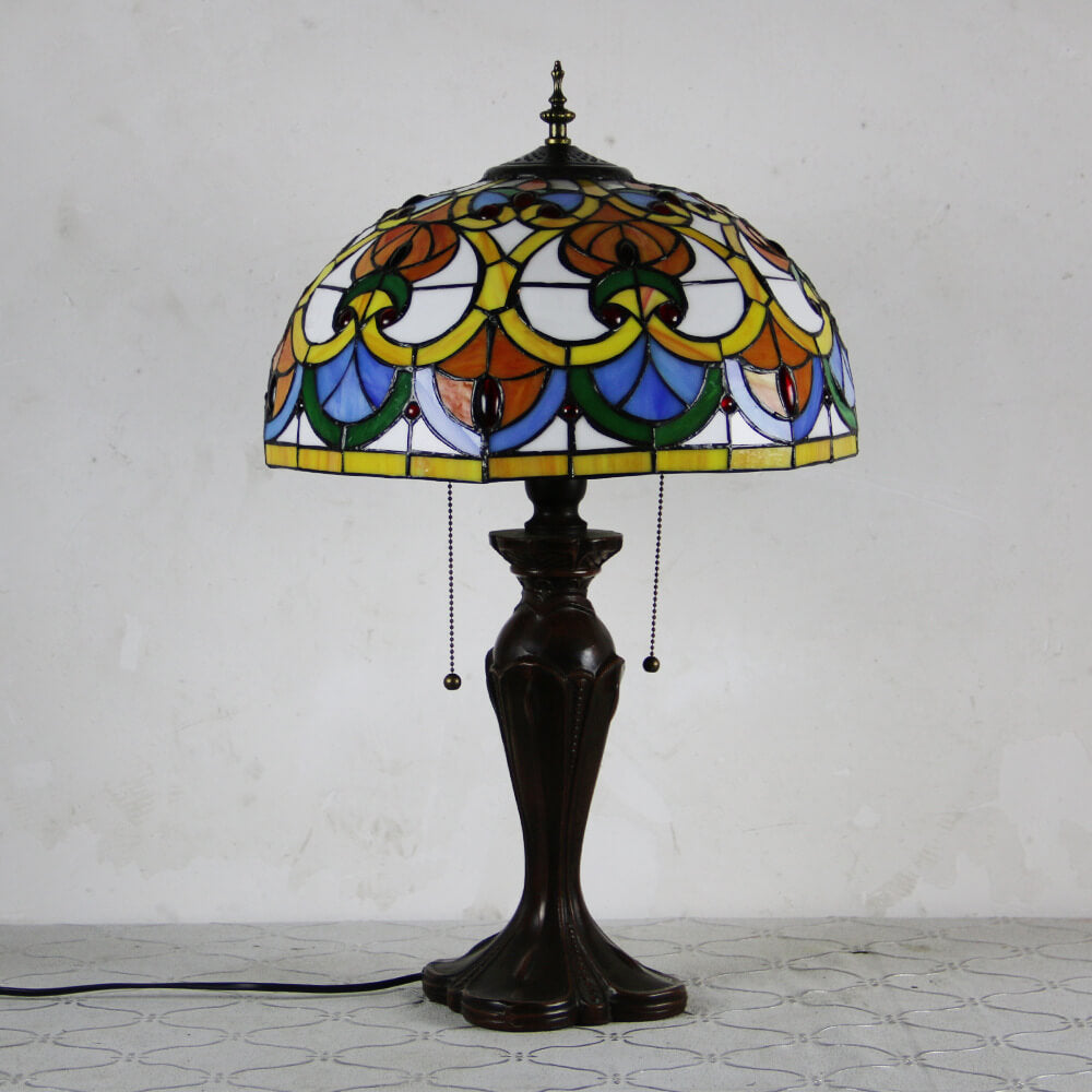 Tiffany European Retro Flowers Stained Glass Pull Cord 1-Light Table Lamp