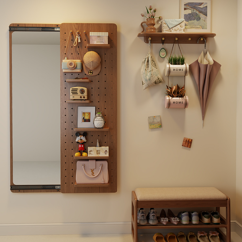 Wall Mirror with Sliding Pegboard Storage & Hooks