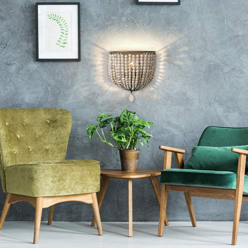 Boho Wood Beaded Wall Sconce Lamp