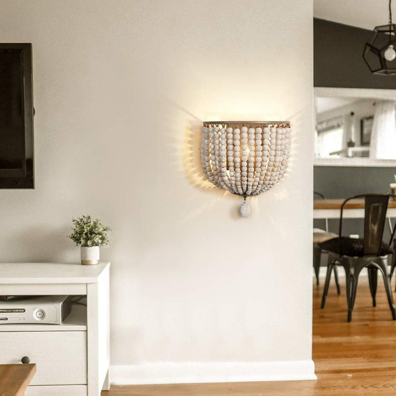 Boho Wood Beaded Wall Sconce Lamp