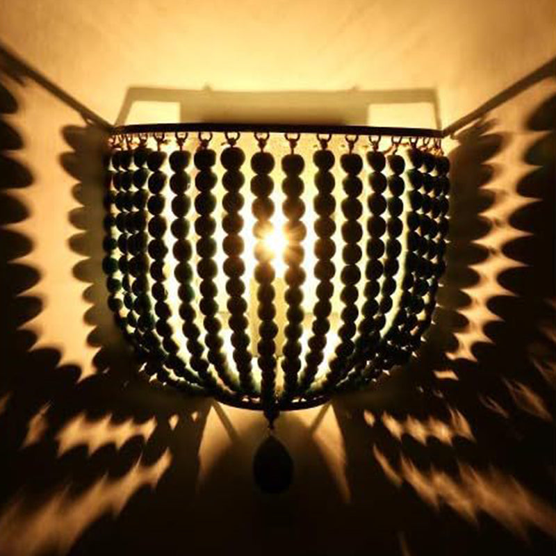 Boho Wood Beaded Wall Sconce Lamp