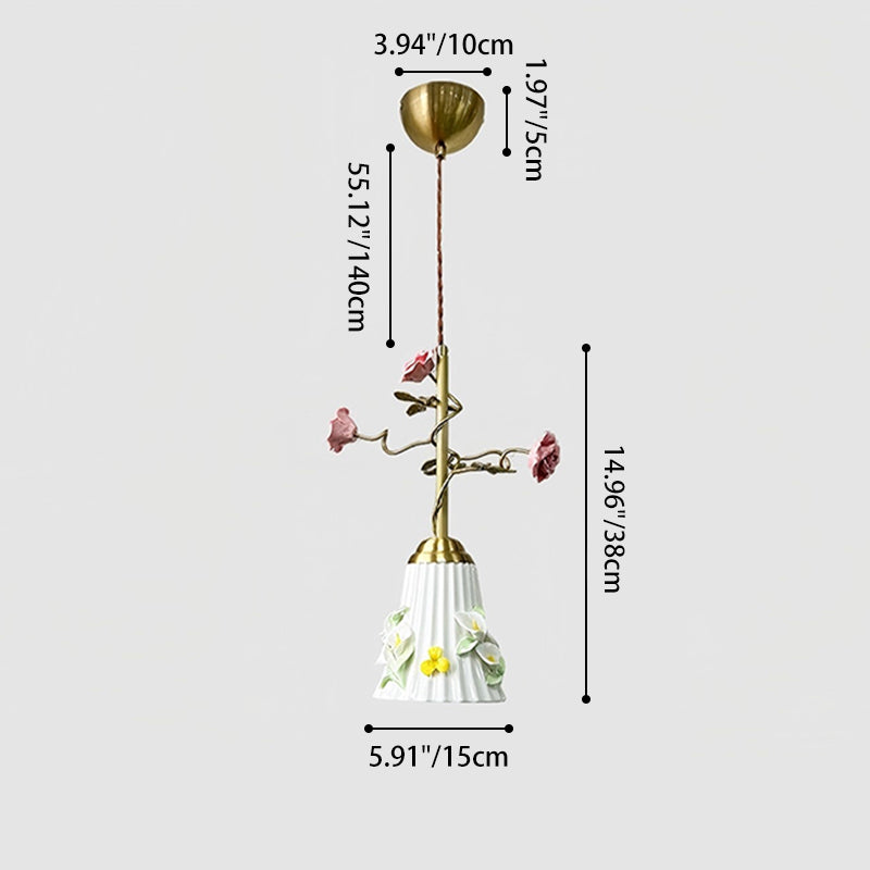 French Floral Iron & Ceramic 1-Light Pendant Light
