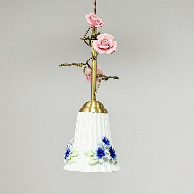 French Floral Iron & Ceramic 1-Light Pendant Light