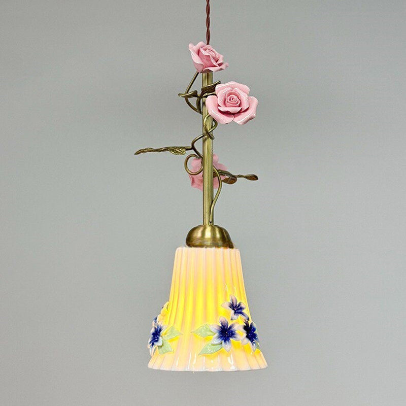 French Floral Iron & Ceramic 1-Light Pendant Light