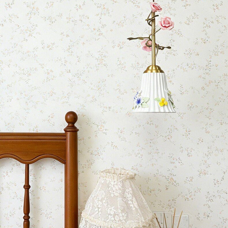 French Floral Iron & Ceramic 1-Light Pendant Light