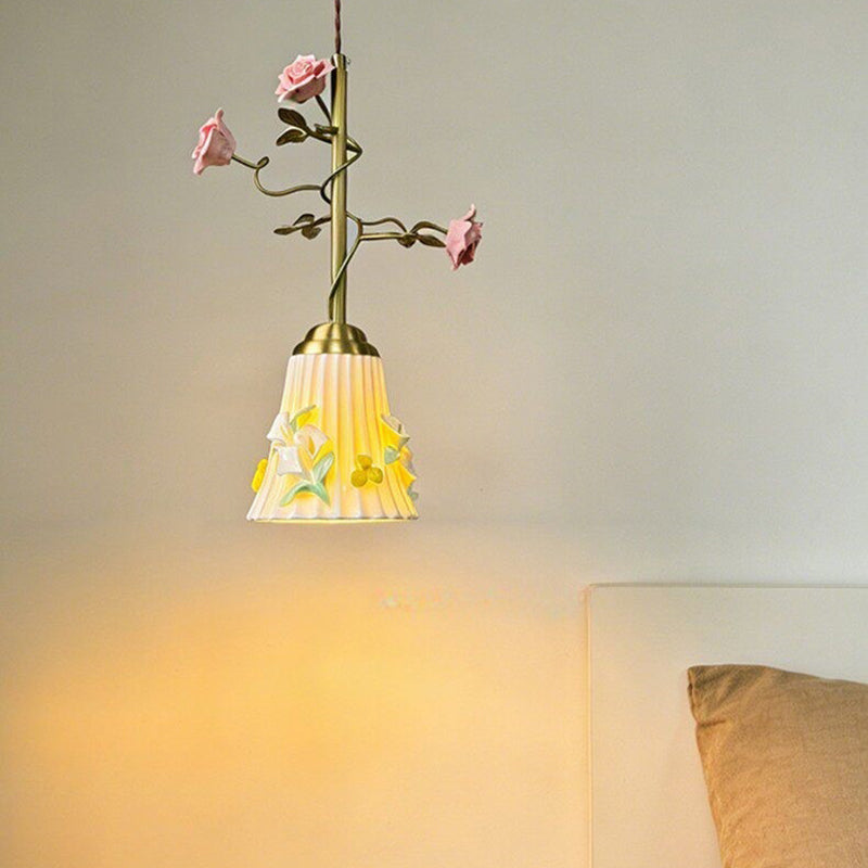 French Floral Iron & Ceramic 1-Light Pendant Light