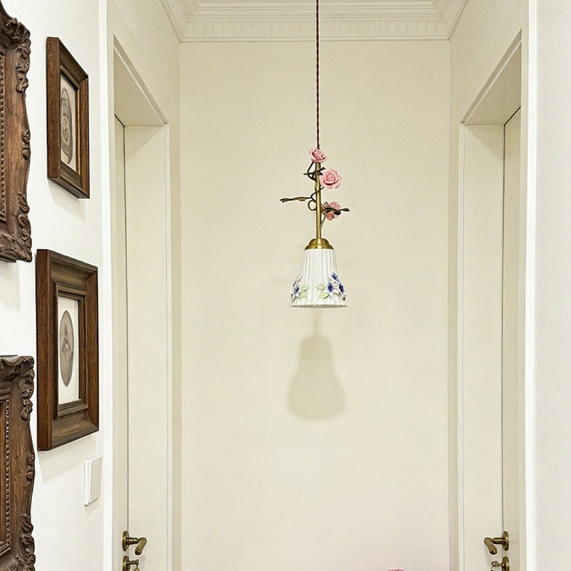 French Floral Iron & Ceramic 1-Light Pendant Light