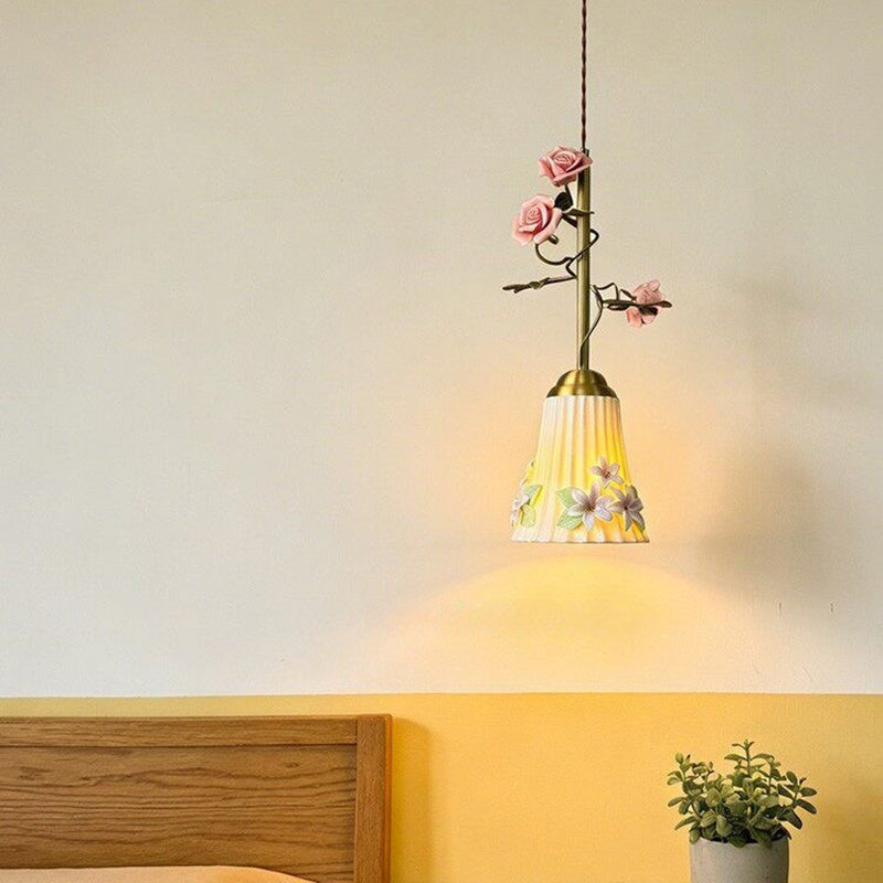 French Floral Iron & Ceramic 1-Light Pendant Light