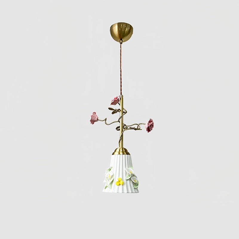 French Floral Iron & Ceramic 1-Light Pendant Light