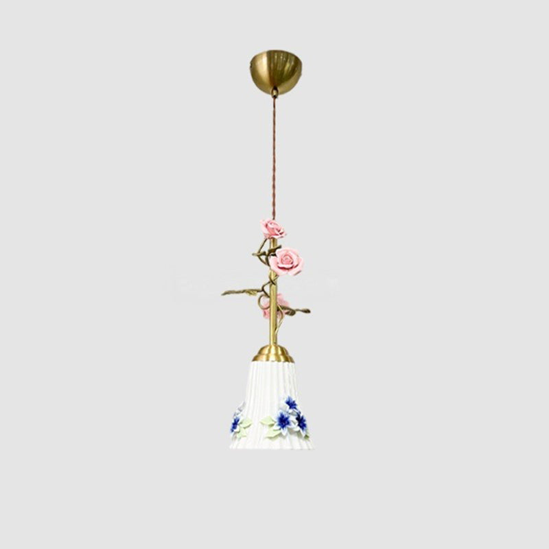 French Floral Iron & Ceramic 1-Light Pendant Light