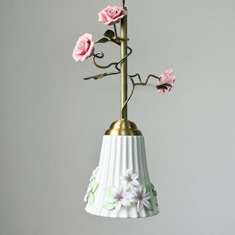 French Floral Iron & Ceramic 1-Light Pendant Light