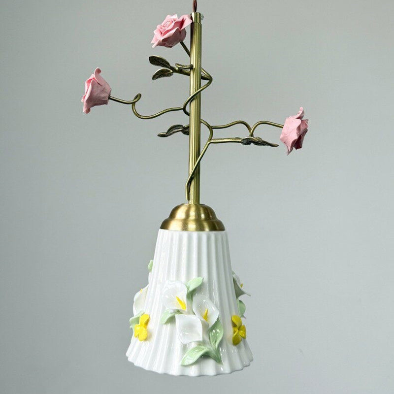 French Floral Iron & Ceramic 1-Light Pendant Light