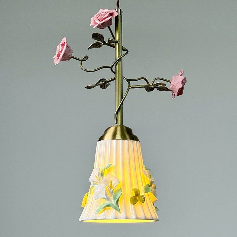 French Floral Iron & Ceramic 1-Light Pendant Light