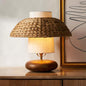 Traditional Vintage Round Solid Wood Fabric Rattan Weaving 1-Light Table Lamp For Bedroom