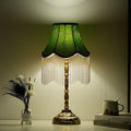 Traditional Vintage Cylindrical Bamboo Pattern Tassel Iron Fabric 1-Light Table Lamp For Bedroom