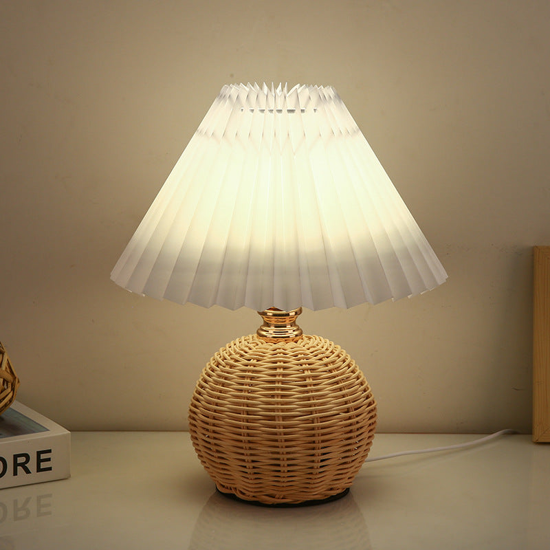 Modern Art Deco Rattan & Fabric Pleated Shade LED Table Lamp For Bedroom & Living Room