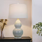 Traditional Chinese Ceramic & Crystal Gourd Base Round Fabric Shade 1-Light Table Lamp For Bedroom & Living Room